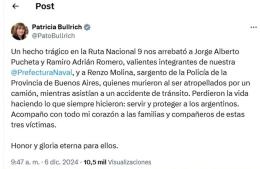 La ministra Patricia Bullrich expresó su pésame ante los oficiales fallecidos